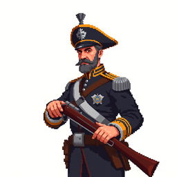 A 2D pixel art depiction of Don José de San Martín holding a pixelated rifle