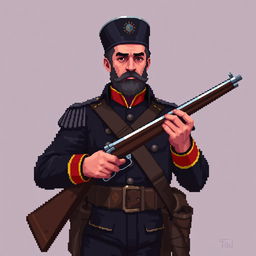 A 2D pixel art depiction of Don José de San Martín holding a pixelated rifle