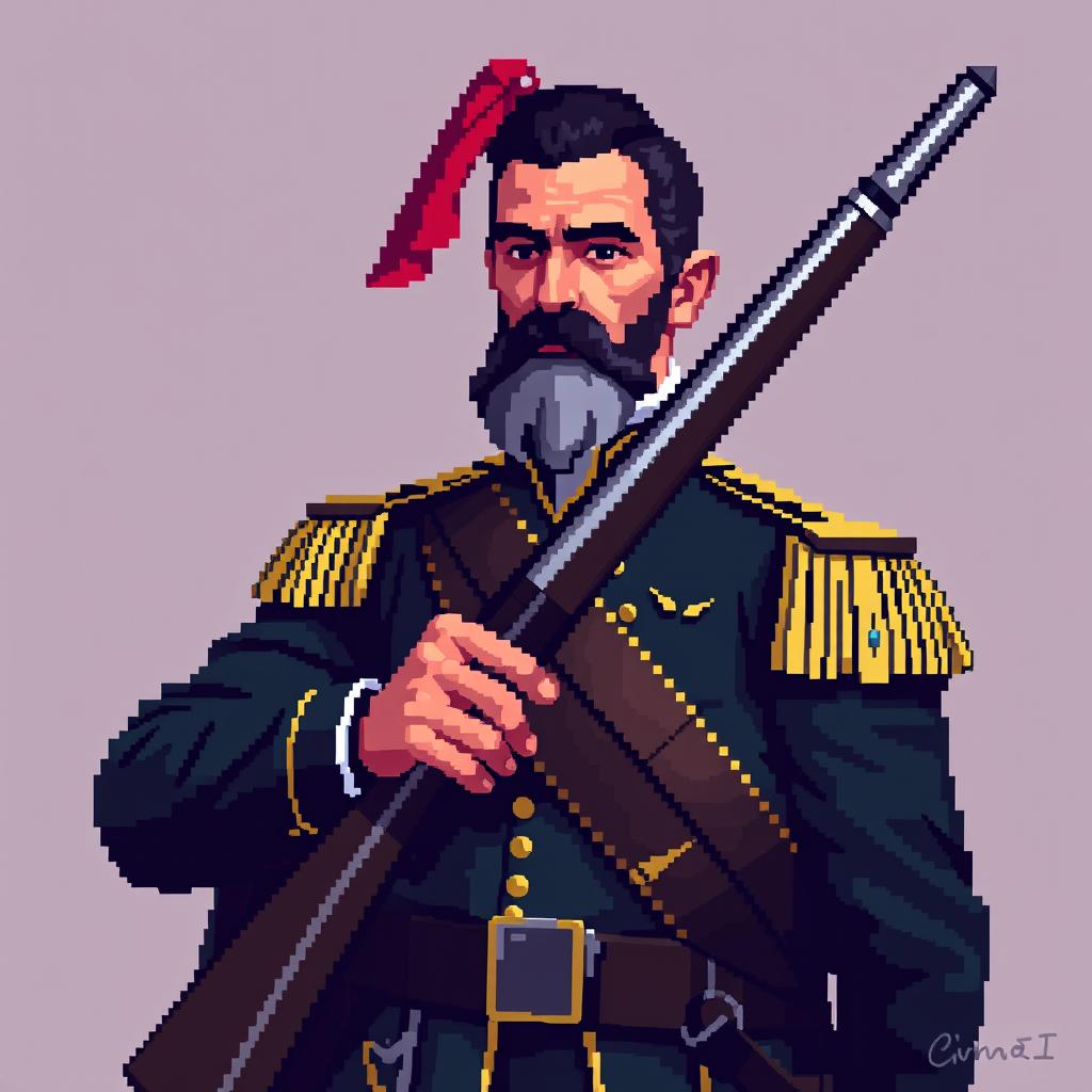 A 2D pixel art depiction of Don José de San Martín holding a pixelated rifle