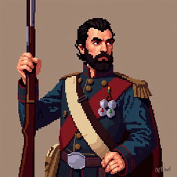 A 2D pixel art depiction of Don José de San Martín holding a pixelated rifle