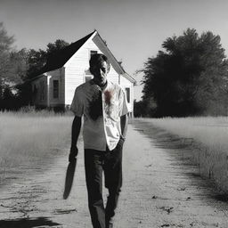 A creepy man walking along the side of the road in summer with a bloody machete in his hand