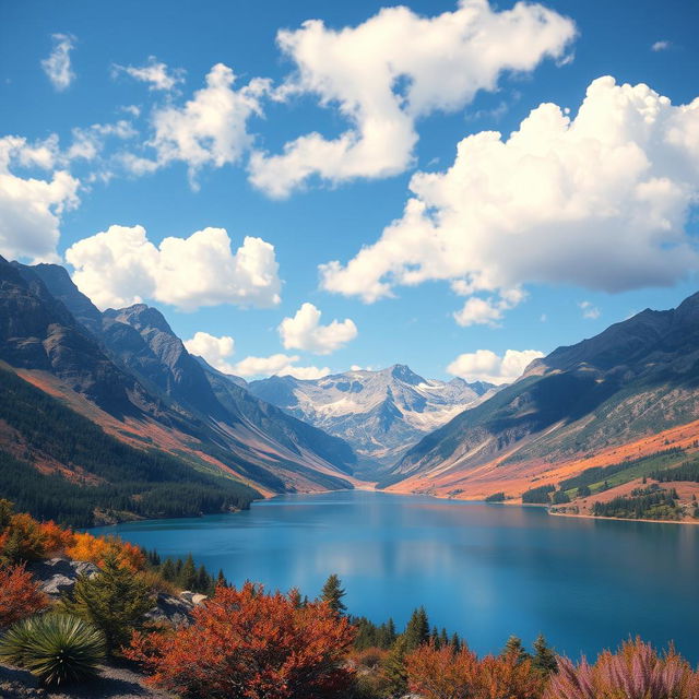 A beautiful landscape featuring a serene lake surrounded by mountains, with a clear blue sky and fluffy white clouds