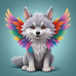 An adorable cartoon illustration of a fluffy wolf, its back adorned with tiny, colorful dragon wings, creating an enchantingly cute and fantastical image.