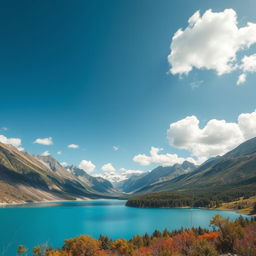 A beautiful landscape featuring a serene lake surrounded by mountains, with a clear blue sky and fluffy white clouds