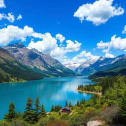 A beautiful landscape featuring a serene lake surrounded by mountains, with a clear blue sky and fluffy white clouds