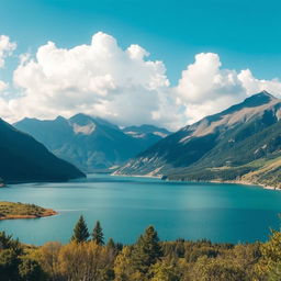 A beautiful landscape featuring a serene lake surrounded by mountains, with a clear blue sky and fluffy white clouds