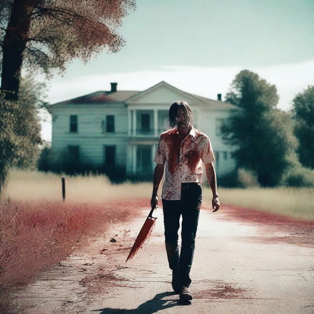 A creepy man walking along the side of the road in summer with a bloody machete in his hand