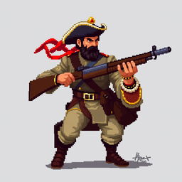 A 2D pixel art depiction of Don José de San Martín holding a pixelated rifle in the style of Street Fighter