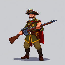 A 2D pixel art depiction of Don José de San Martín holding a pixelated rifle in the style of Street Fighter