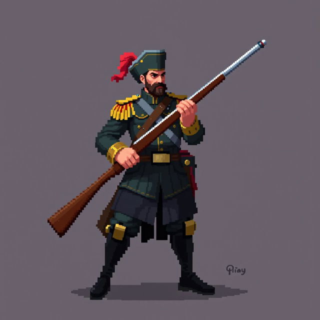 A 2D pixel art depiction of Don José de San Martín holding a pixelated rifle in the style of Street Fighter