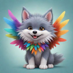 An adorable cartoon illustration of a fluffy wolf, its back adorned with tiny, colorful dragon wings, creating an enchantingly cute and fantastical image.