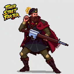 A 2D pixel art depiction of Don José de San Martín holding a pixelated rifle in the style of Street Fighter