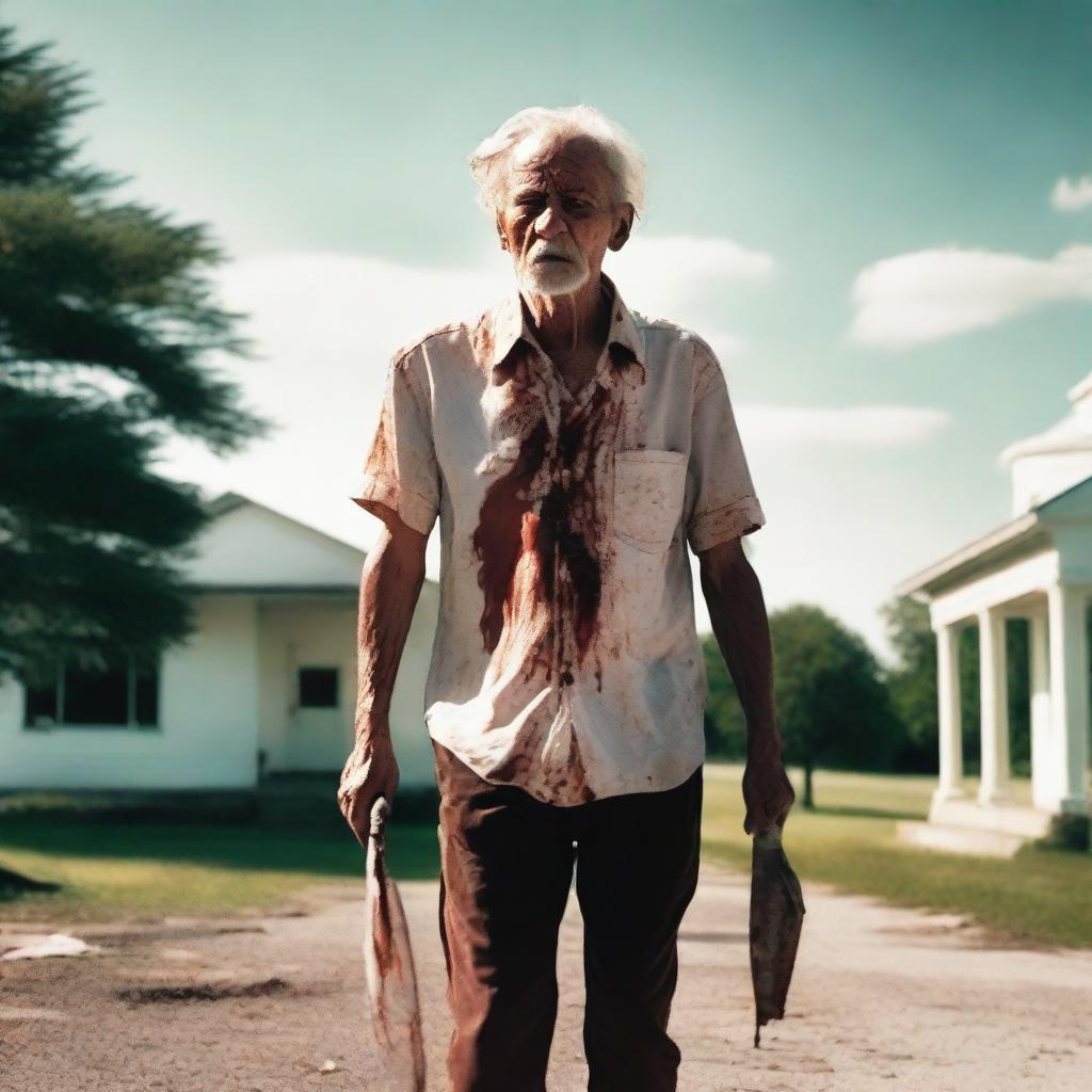 An older man walking along the side of the road in summer with a bloody machete in his hand