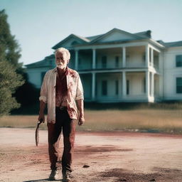 An older man walking along the side of the road in summer with a bloody machete in his hand