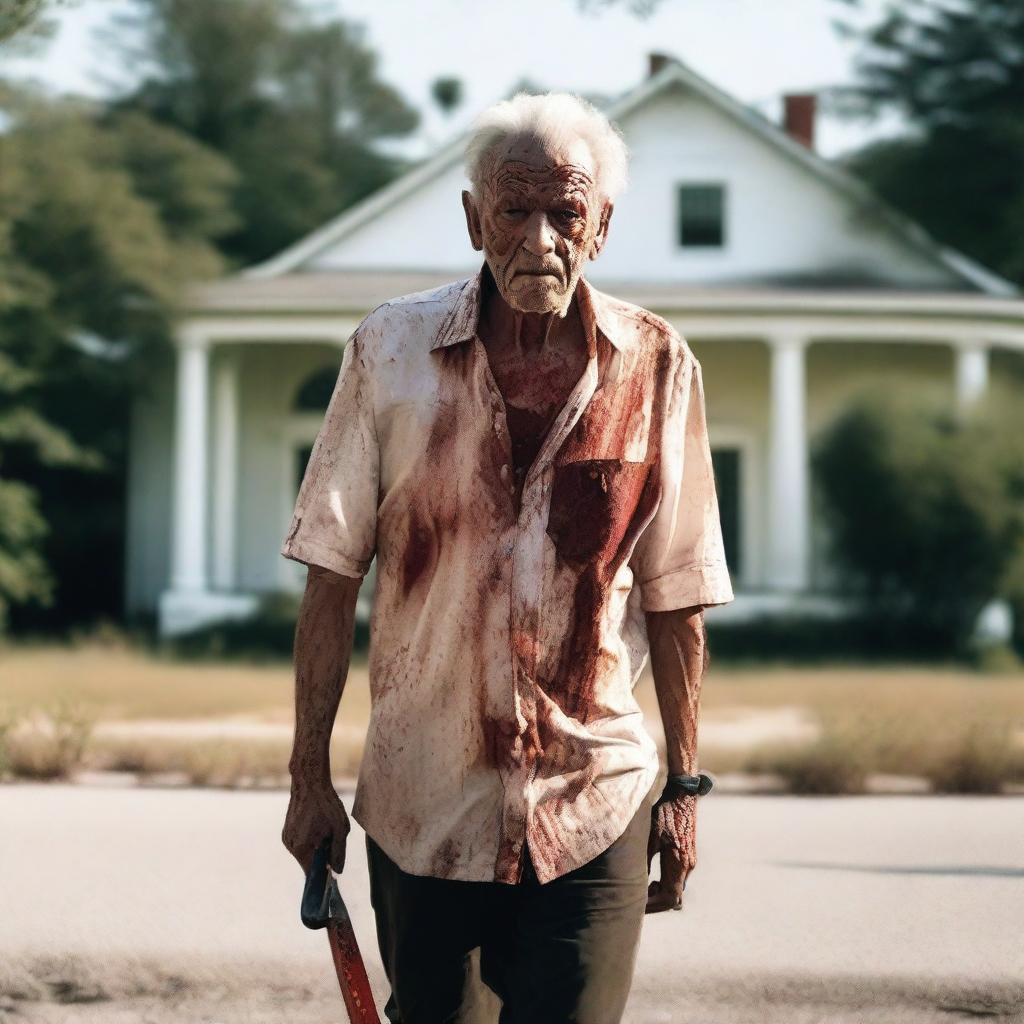 An older man walking along the side of the road in summer with a bloody machete in his hand