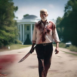 An older man walking along the side of the road in summer with a bloody machete in his hand