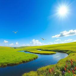 A serene landscape with a clear blue sky, lush green meadows, and a gentle river flowing through the scene