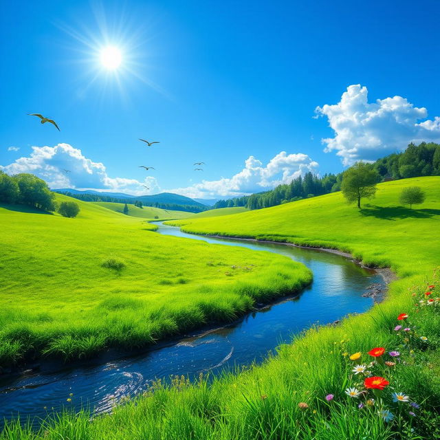 A serene landscape with a clear blue sky, lush green meadows, and a gentle river flowing through the scene