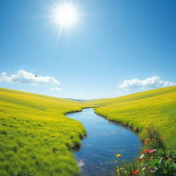 A serene landscape with a clear blue sky, lush green meadows, and a gentle river flowing through the scene