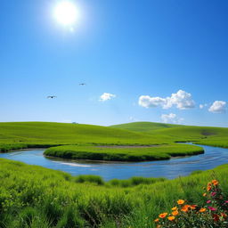 A serene landscape with a clear blue sky, lush green meadows, and a gentle river flowing through the scene