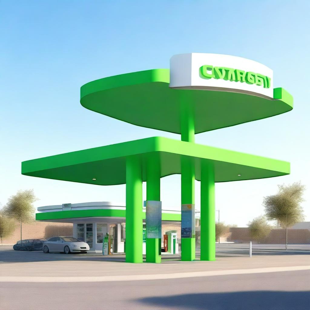 Create an image of a gas station named 'Earthgy' with a drive-through design