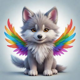 An adorable cartoon illustration of a fluffy wolf, its back adorned with tiny, colorful dragon wings, creating an enchantingly cute and fantastical image.