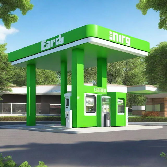 Create an image of a gas station named 'Earthgy' with a drive-through design