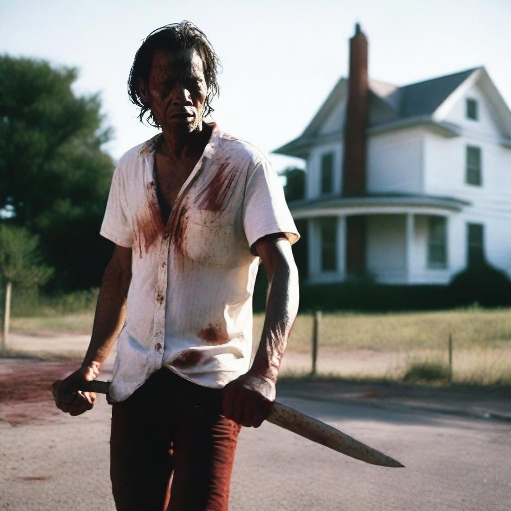 A man walking along the side of the road in summer, holding a bloody machete in his hand