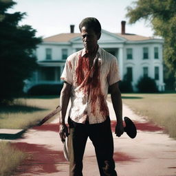 A man walking along the side of the road in summer, holding a bloody machete in his hand