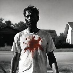 A man walking along the side of the road in summer, holding a bloody machete in his hand