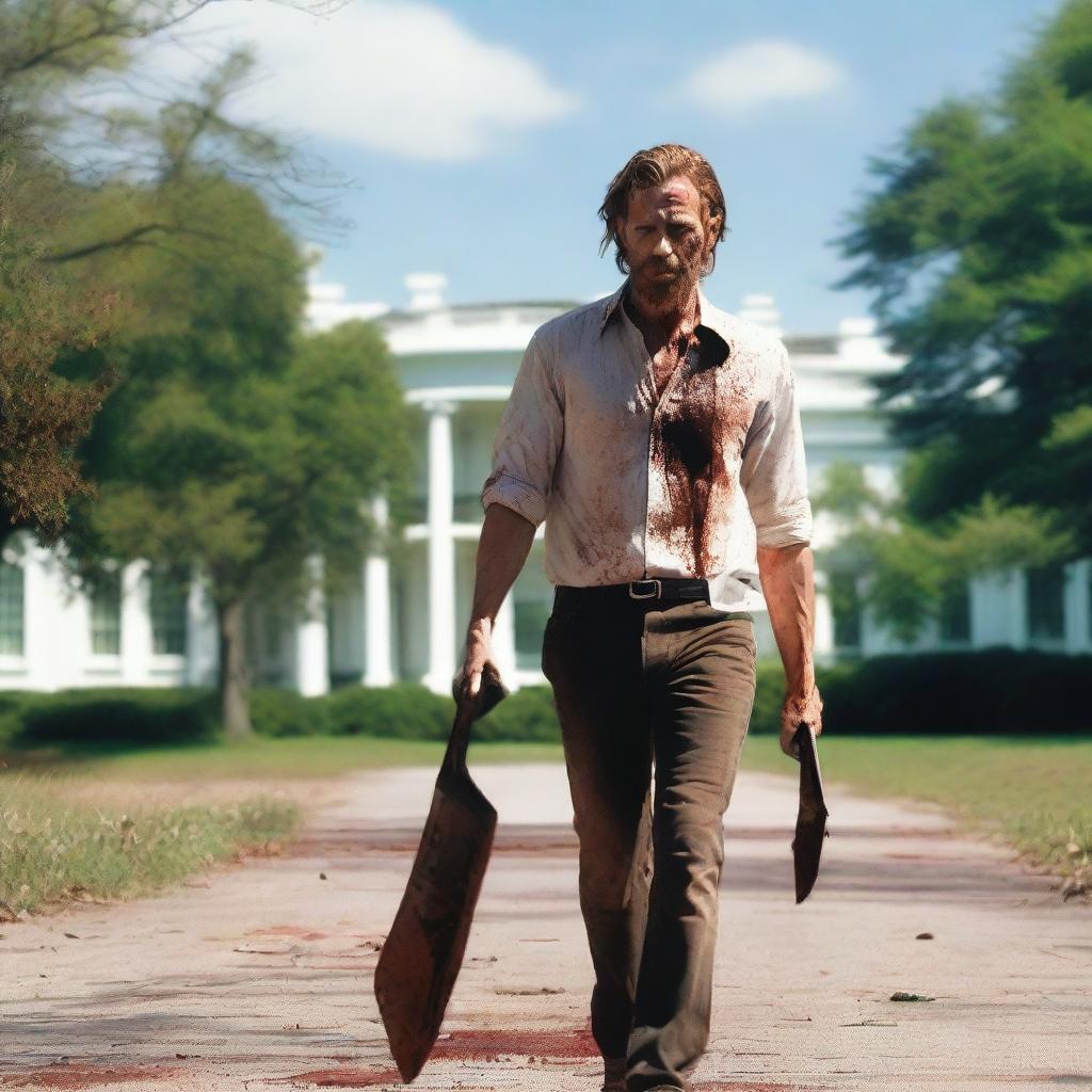 A white man walking along the side of the road in summer, holding a bloody machete in his hand