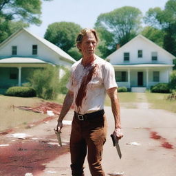 A white man walking along the side of the road in summer, holding a bloody machete in his hand