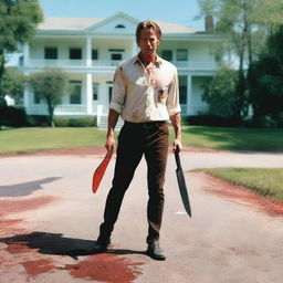 A white man walking along the side of the road in summer, holding a bloody machete in his hand