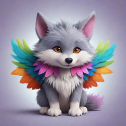 An adorable cartoon illustration of a fluffy wolf, its back adorned with tiny, colorful dragon wings, creating an enchantingly cute and fantastical image.