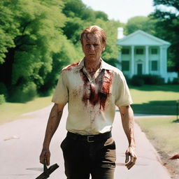 A white man walking along the side of the road in summer, holding a bloody machete in his hand