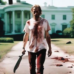 A white man walking along the side of the road in summer, holding a bloody machete in his hand