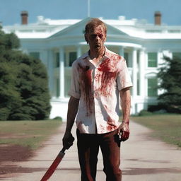 A white man walking along the side of the road in summer, holding a bloody machete in his hand