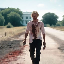 A white man walking along the side of the road in summer, holding a bloody machete in his hand