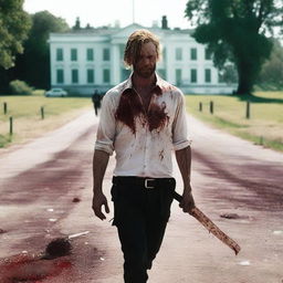 A white man walking along the side of the road in summer, holding a bloody machete in his hand