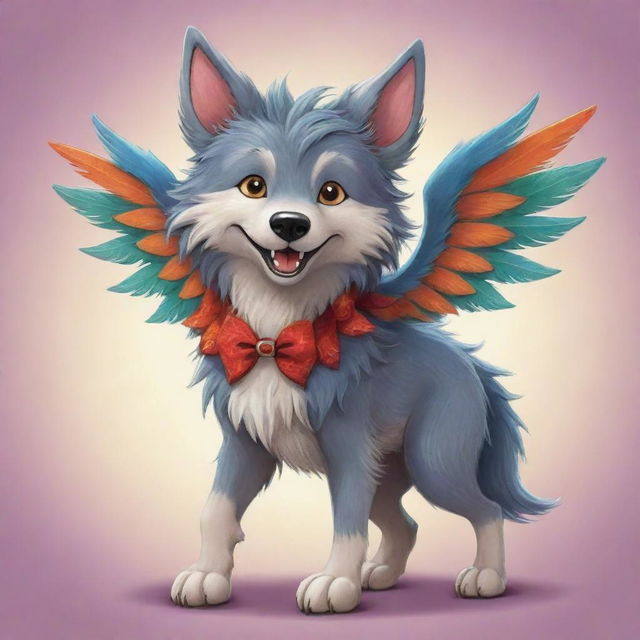 An irresistibly cute cartoon illustration of a shaggy wolf, it's back graced with delicately drawn, vibrantly colored dragon wings, resulting in a sweet dash of fantasy.