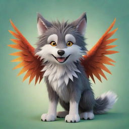 An irresistibly cute cartoon illustration of a shaggy wolf, it's back graced with delicately drawn, vibrantly colored dragon wings, resulting in a sweet dash of fantasy.