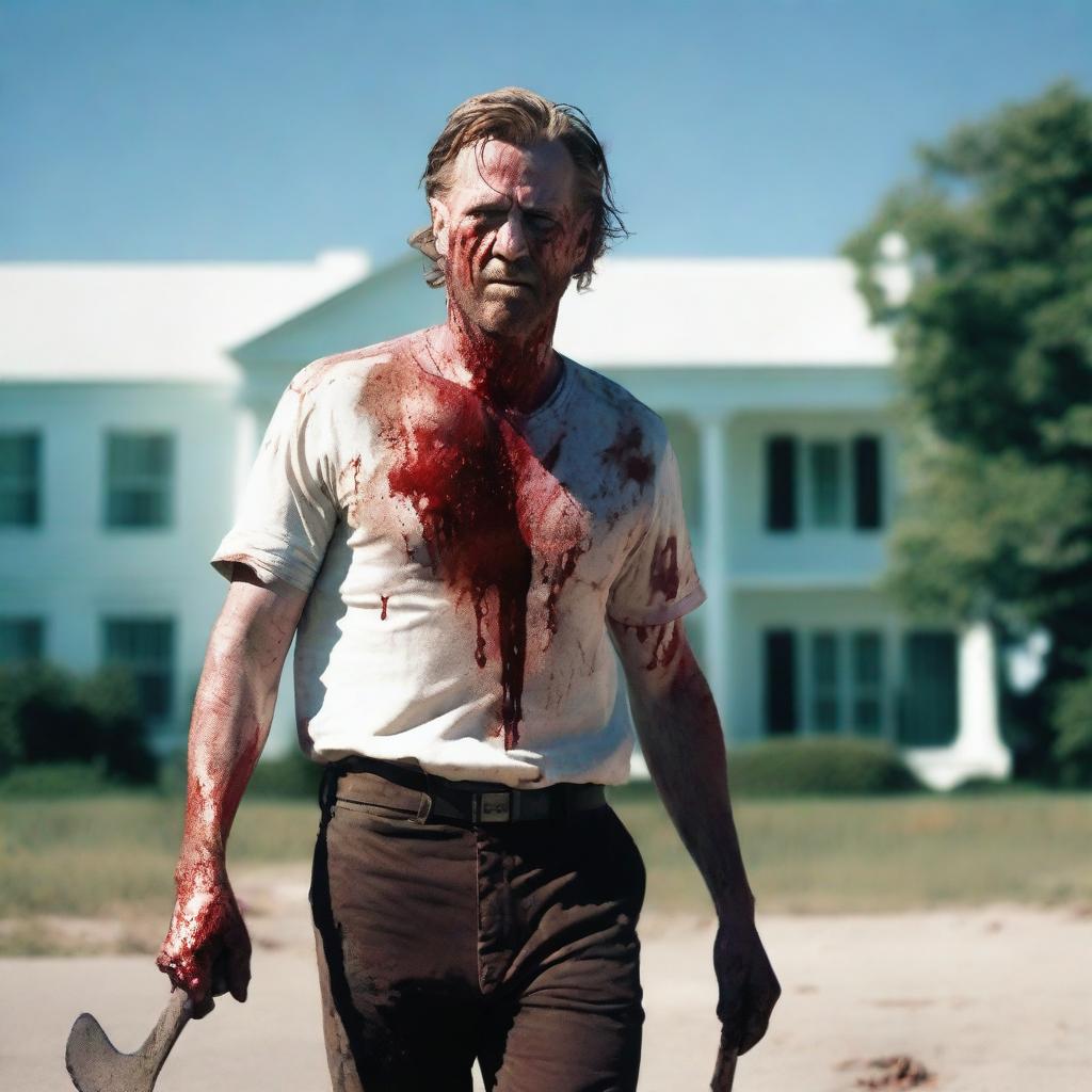 A white man walking along the side of the road in summer with a bloody machete in his hand