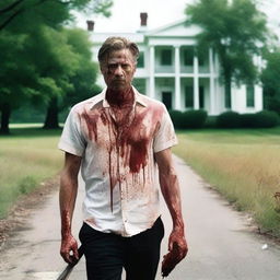 A white man walking along the side of the road in summer with a bloody machete in his hand