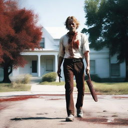 A white man walking along the side of the road in summer with a bloody machete in his hand