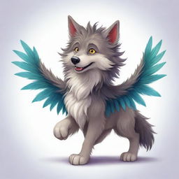 An irresistibly cute cartoon illustration of a shaggy wolf, it's back graced with delicately drawn, vibrantly colored dragon wings, resulting in a sweet dash of fantasy.