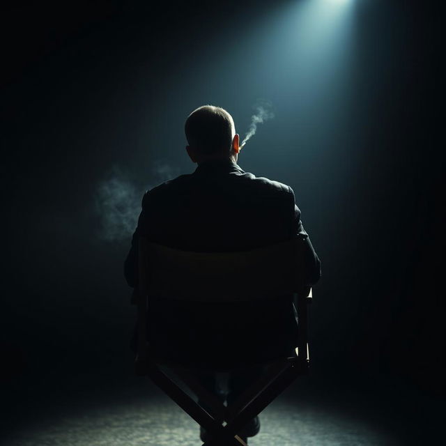 The back of a man sitting on a director's chair, smoking a cigarette under a spotlight