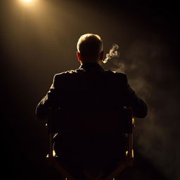 The back of a man sitting on a director's chair, smoking a cigarette under a spotlight