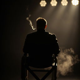 The back of a man sitting on a director's chair, smoking a cigarette under a spotlight