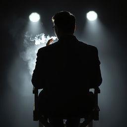 The back of a man sitting on a director's chair, smoking a cigarette under a spotlight