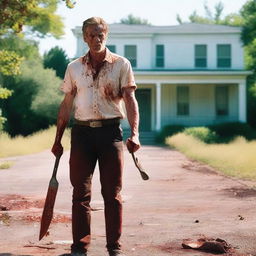 A white man walking along the side of the road in summer with a bloody machete in his hand